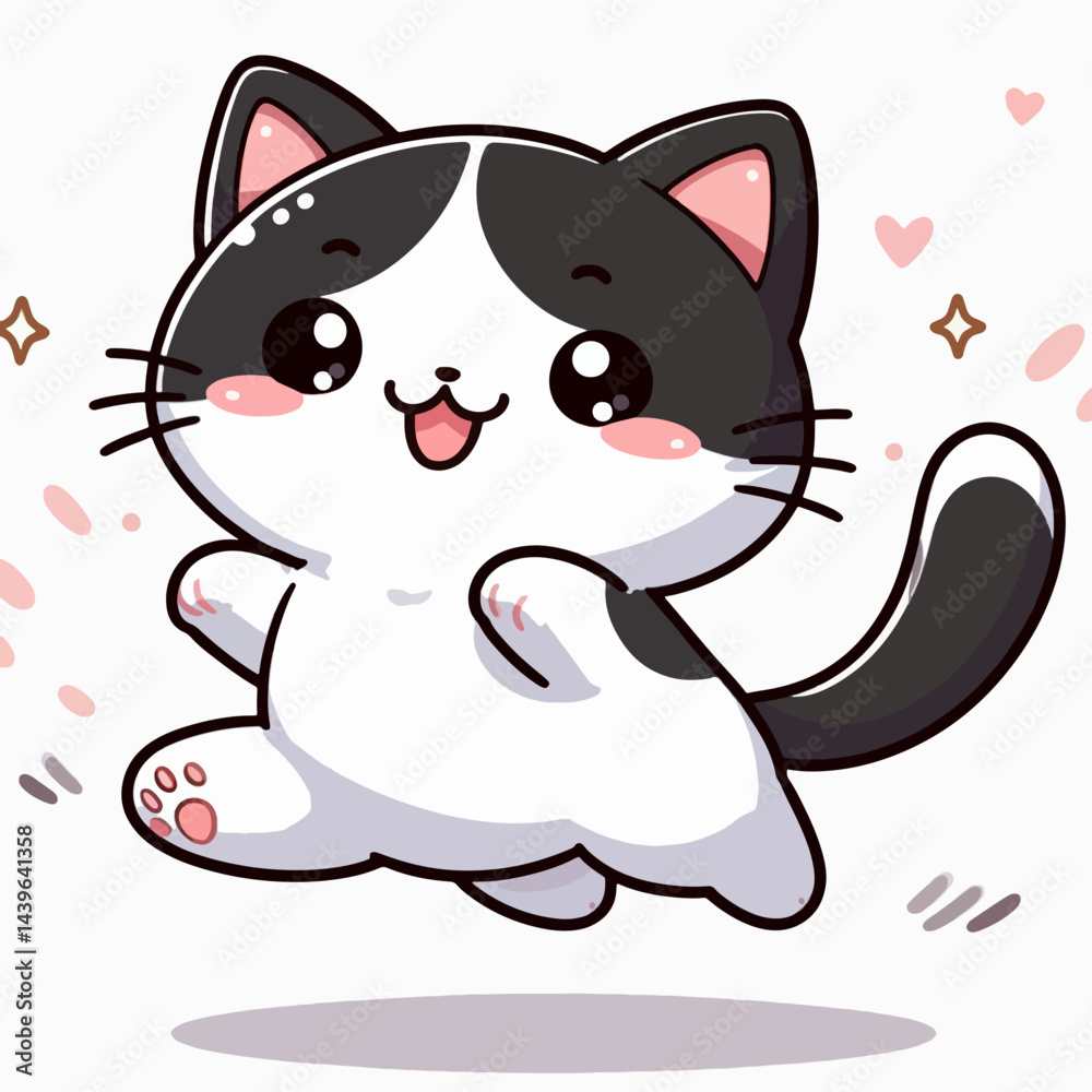 Obraz premium Charming cartoon black and white kitty leaping in a joyful pose, featuring large eyes and a wide smile.