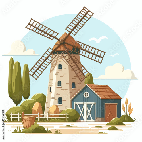 Digitally rendered, colorful depiction of a charming rural scene, featuring a picturesque windmill and rustic farm buildings.