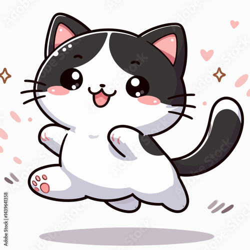 Charming cartoon black and white kitty leaping in a joyful pose, featuring large eyes and a wide smile.