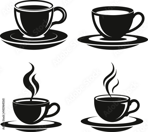 Coffee Cups, Tea Cups, Hot Drinks Beverage Silhouette Vector Image 