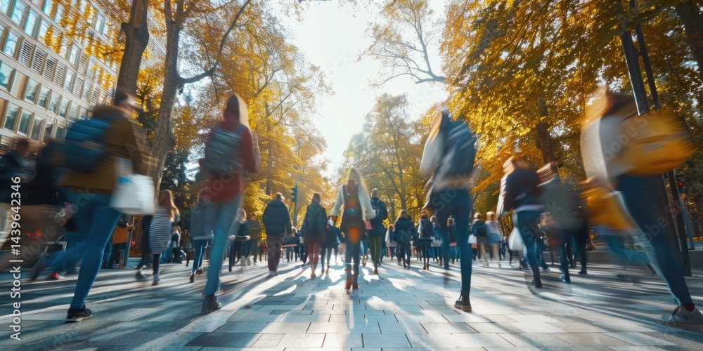 Obraz premium Motion blur of a large diverse crowd walking at academy on sunny day. Urban lifestyle and public space concept. The long exposure photography of teenagers or academic student going to school. AIG55.