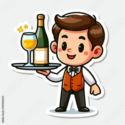 Cartoon depiction of a young person dressed as a waiter, carrying a tray with a bottle of wine and a glass.