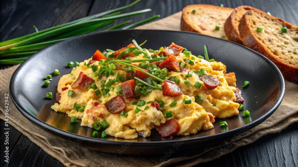 Scrumptious Scrambled Eggs with Savory Sausage Cubes and Freshly Chopped Green Onions Served on a Dark Plate with Toasted Bread Slices Scrumptious Scrambled Eggs with Savory Sausage Cubes and Freshly Chopped Green Onions Served on a Dark Plate with Toasted Bread Slices