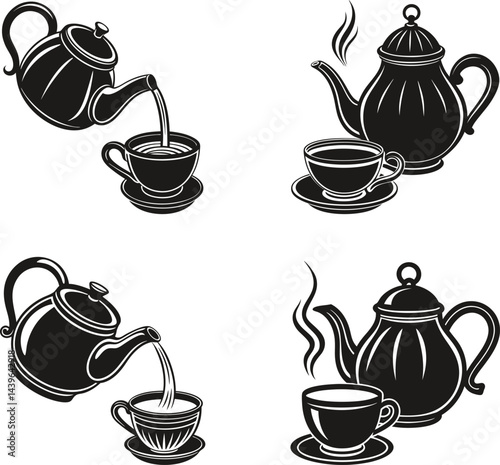 Teapots pouring tea into cups tea time elegance
