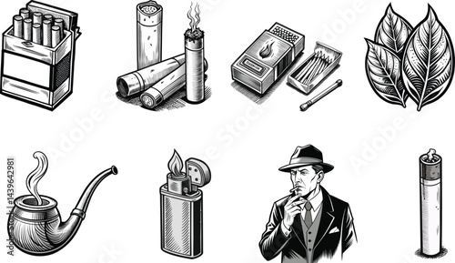 Smoking Accessories Vintage Illustration Tobacco, Cigars, Pipes, Lighters ,Matches Vector Image