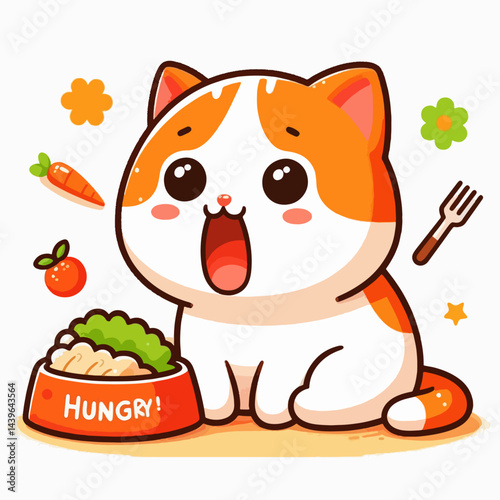 Cheerful cartoon feline character is depicted seated near a food bowl full of healthy treats.