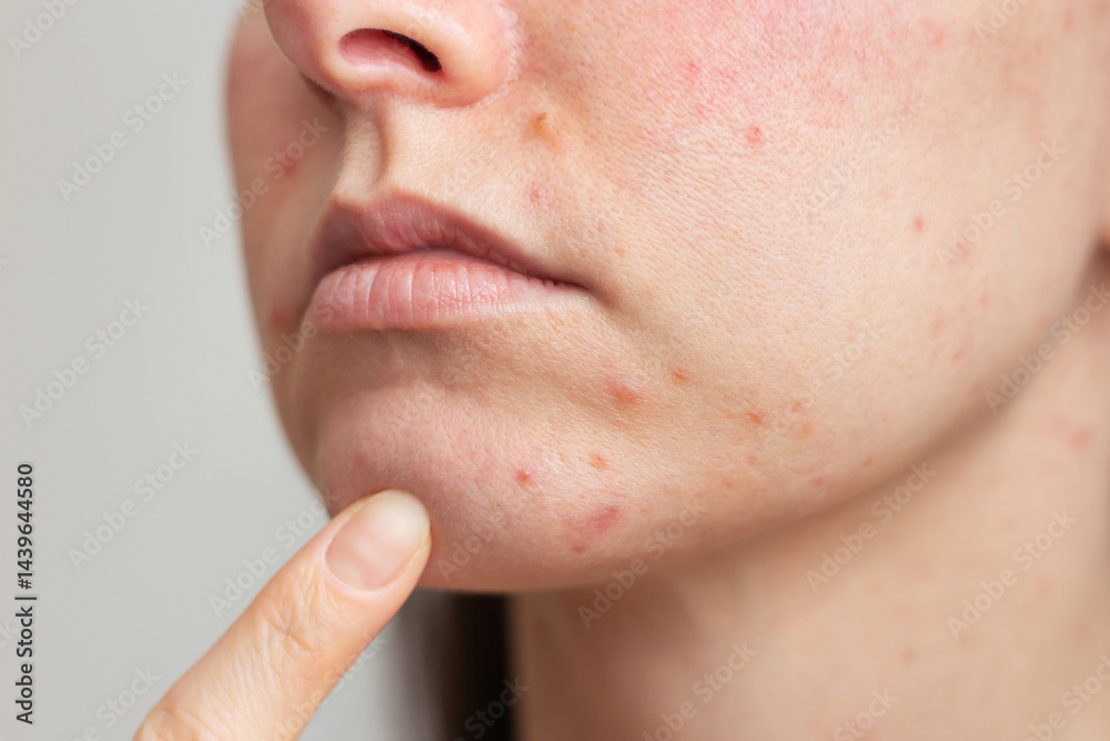 Fototapeta premium Young Caucasian woman examining the pimples on her chin close up. Girl is experiencing discomfort, suffering from a skin disease on her face-rosacea in the acute stage.