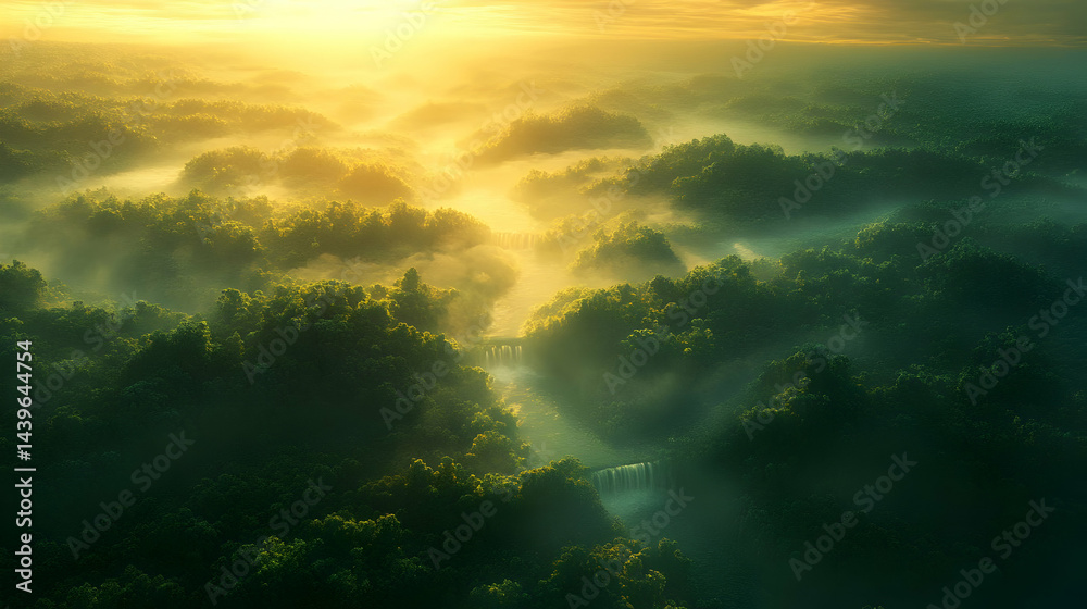 Naklejka premium Misty Sunrise over Lush Jungle and Waterfalls