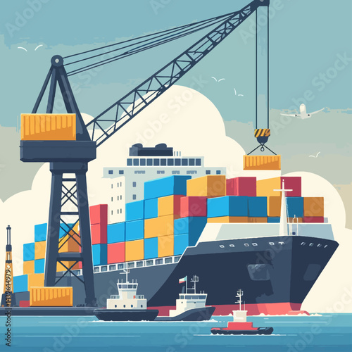 Full color digital illustration of a large container ship being loaded by a port crane, in a busy harbor setting.