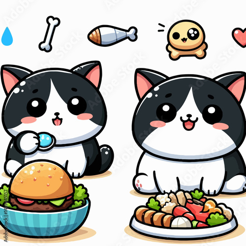 Two stylized cats,  one with a burger and the other with a mixed dish, are depicted  happily eating.