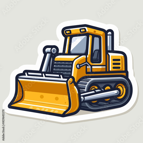 Stylized, cartoon rendering of a bulldozer in bright yellow, presented in a front perspective.