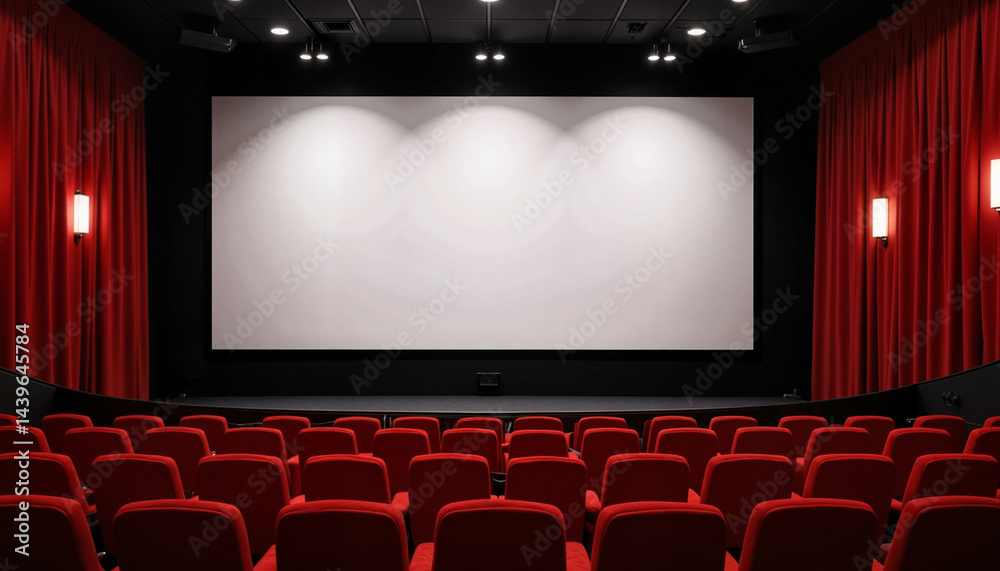 Fototapeta premium Empty cinema hall with red seats and blank screen 
