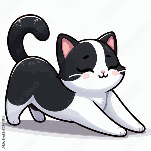 Digitally rendered cartoon cat with black and white markings, stretching its limbs in a relaxed and happy pose.