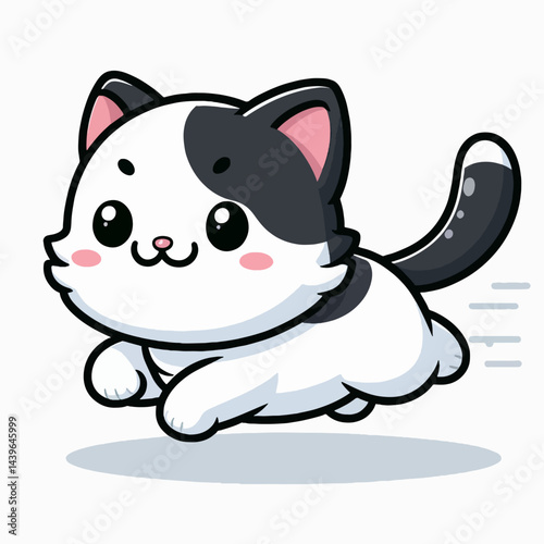 Charming black and white cartoon cat, dynamically rendered in a playful leap, conveying energy and motion.
