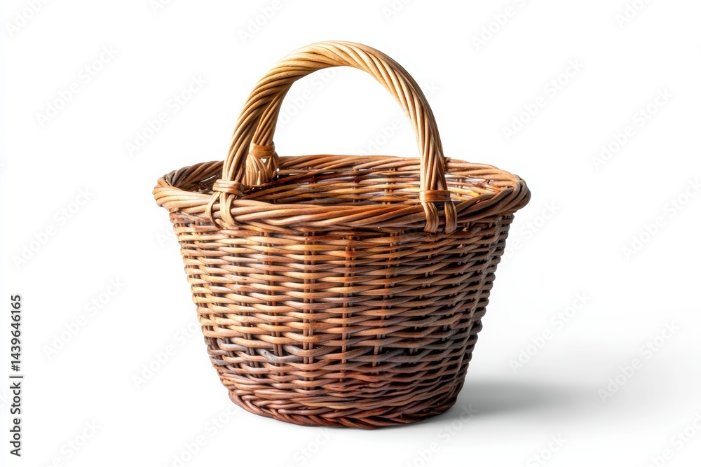 Obraz premium Rustic wicker basket with handle, woven brown rattan storage container, natural fiber picnic and harvest basket isolated on Transparent Background