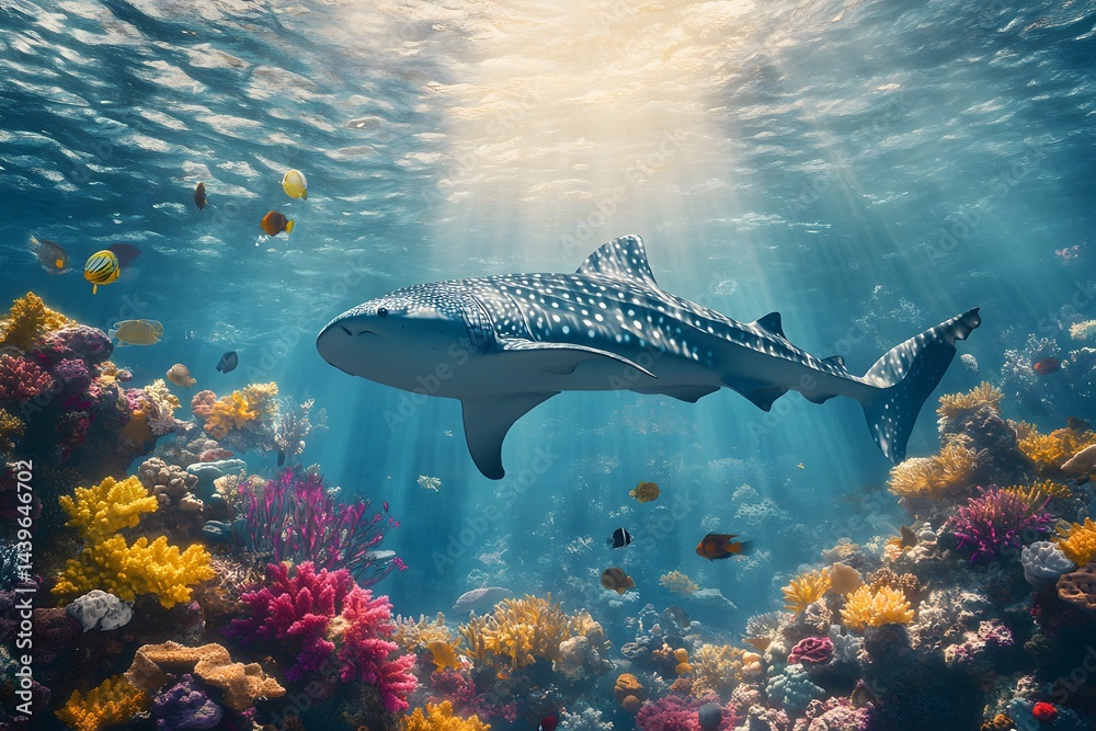 Fototapeta premium A whale shark swims over a vibrant coral reef with many fish in clear blue ocean water and sunlight
