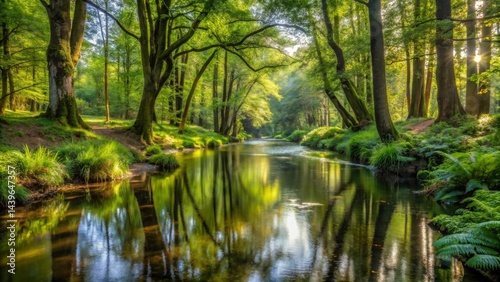 Serene River Reflecting Sunlit Forest Canopy, Tranquil Water Scene with Lush Green Vegetation and Majestic Trees