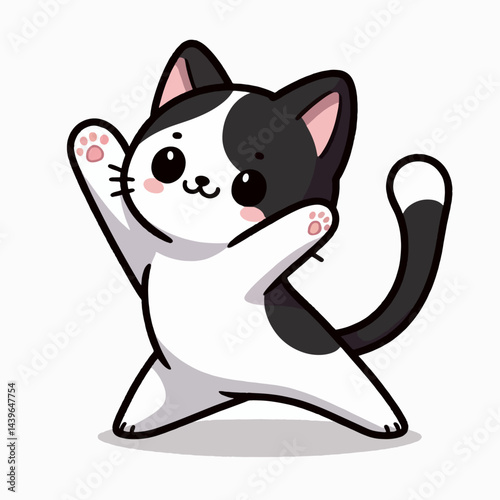 Stylized cartoon representation of a small black and white cat, in a playful, active stance, with wide eyes and raised paws.