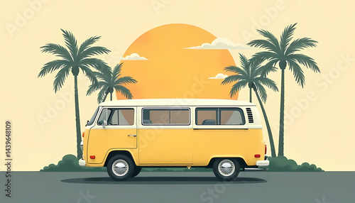 A cheerful yellow van parked near palm trees under a setting sun, idyllic summer scene.
