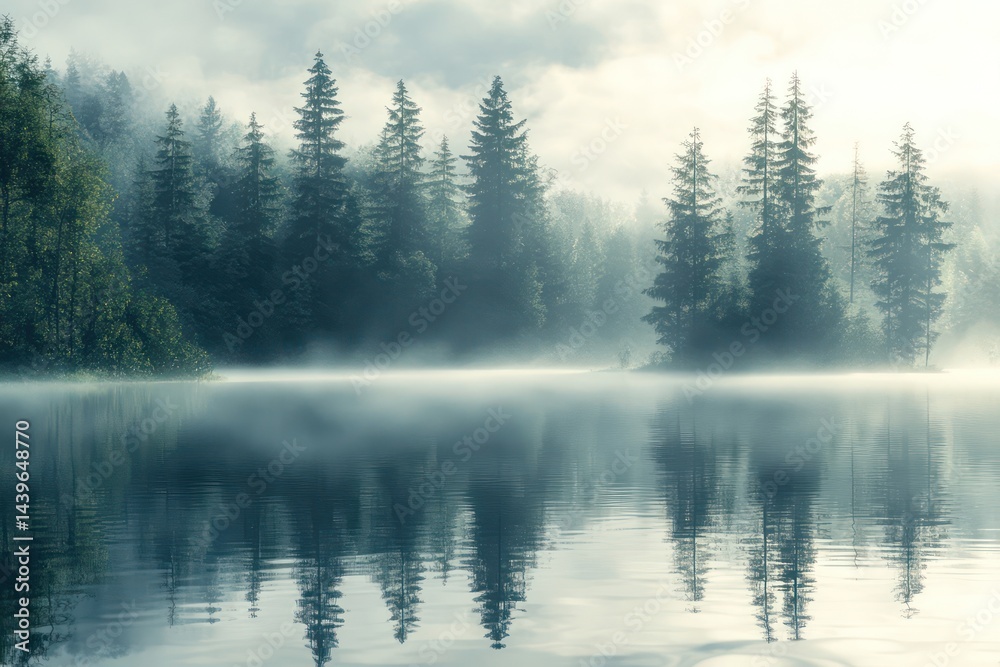 Fototapeta premium Misty lake and forest landscape painting