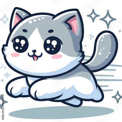 Stylized, cartoon representation of a playful gray and white cat in mid-leap, with large expressive eyes and a cheerful expression.