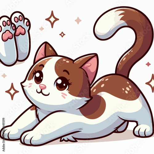 Stylized cartoon drawing of a kitten in a playful pose, with decorative elements like paw prints and sparkling details.