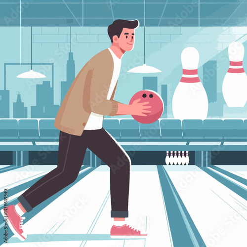 Stylized illustration of a person about to bowl a strike in a modern bowling alley.