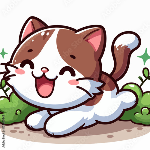 Digitally rendered, cartoon image of a cheerful cat, depicted with large eyes, a wide smile, and surrounded by stylized plants.