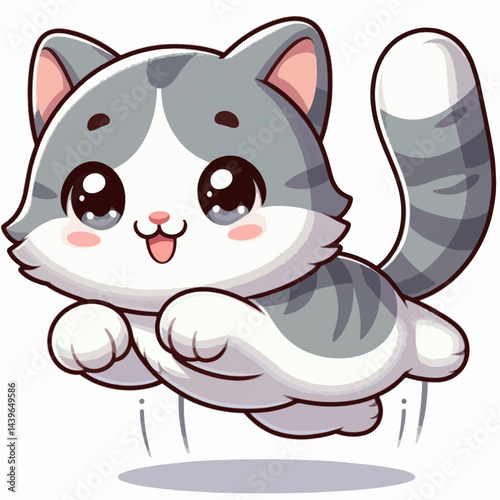 Charming cartoon illustration of a leaping grey and white cat, displaying an expressive face.