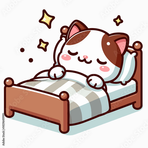 Stylized cartoon cat enjoying a peaceful slumber in a simple bed,  exuding contentment and relaxation.