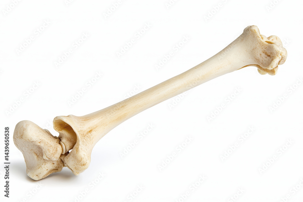 detailed view of human femur bone showcasing its structure and features, emphasizing its anatomical significance