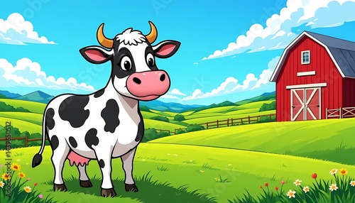 Cartoon Cow on Farm Background – Fun Vector Scene	Bright and cheerful cartoon cow standing in a farm field with barn and crops, perfect for educational farm illustrations, children’s books, and agricu