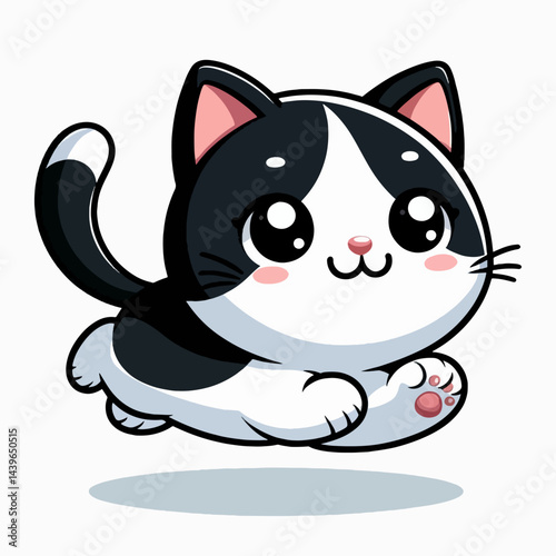 Cartoon black and white cat with large eyes, appearing to leap or run, in a vibrant and friendly style.