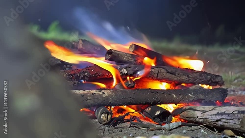 A close-up view of a lively campfire with bright orange and yellow flames dancing naturally around glowing logs