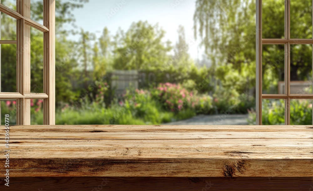 Fototapeta premium Wooden tabletop with garden view