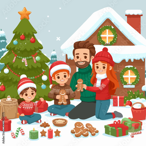 Happy family is seated outdoors, enjoying the holiday season, preparing or decorating gingerbread cookies near a Christmas tree and cozy home.