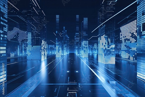 Abstract Blue Tech Finance Background with Futuristic Pixel Pattern and Digital Geometry