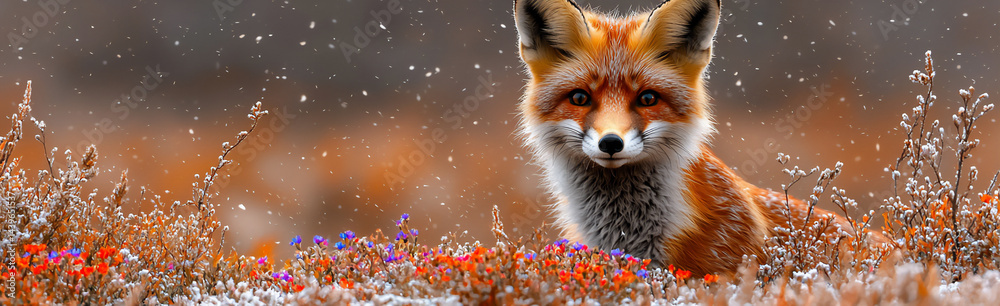 Fototapeta premium playful fox peeking out from a patch of colorful wildflowers, curious expression, meadow scene