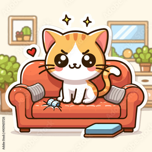 Cartoon depiction of a ginger and white cat sitting on a damaged sofa, playing with a toy, within a simple home setting.