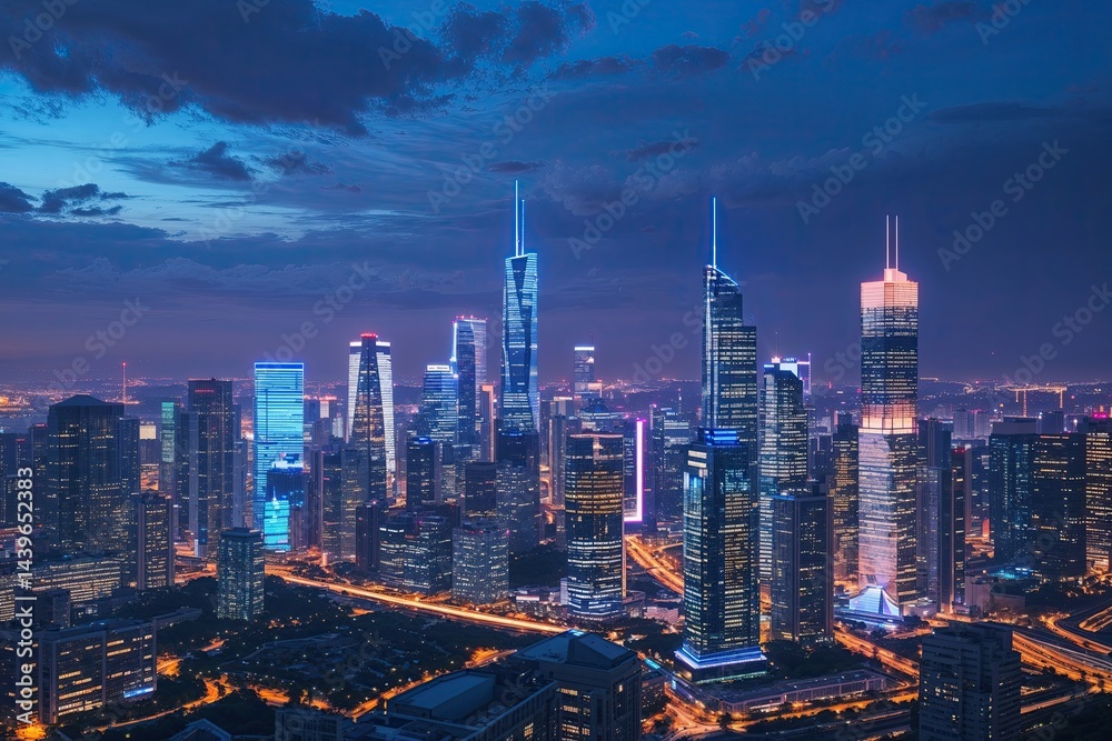 Naklejka premium Dynamic City Skyline with LED Light Displays Highlighting the Fusion of Technology and Finance
