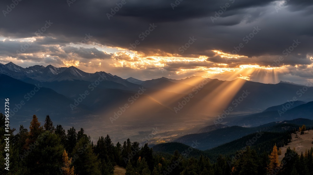Obraz premium Mountain valley at sunset with sunbeams
