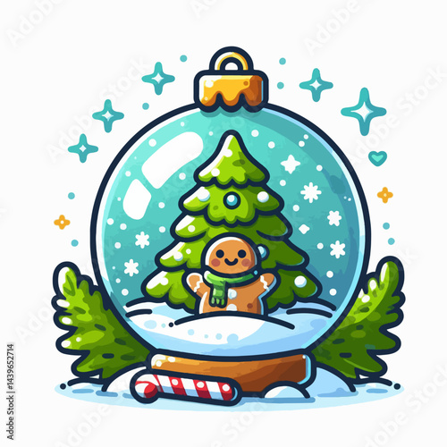 Cheerful snow globe with a gingerbread man and christmas tree figure inside, nestled among wintery decorations.