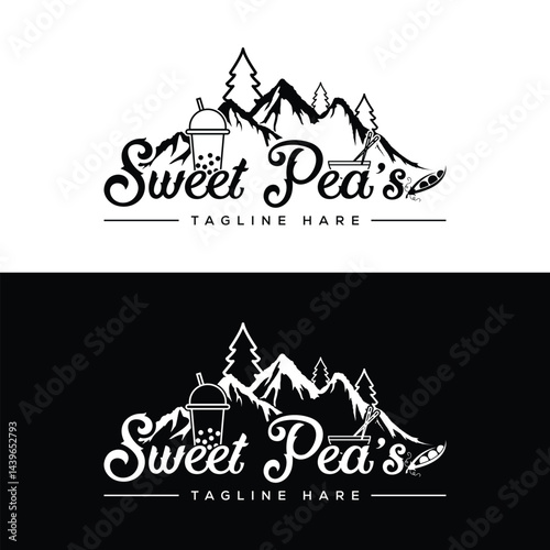 Minimalist black and white food and mountain logo featuring bubble tea, takeout box, and sweet pea for cafe or restaurant branding