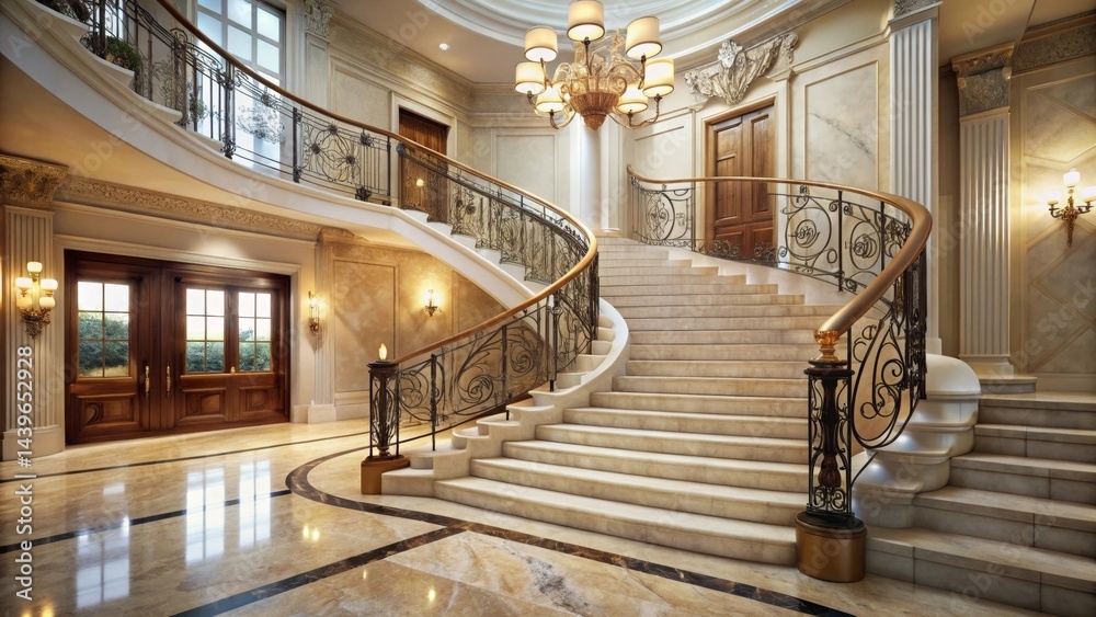 Obraz premium Elegant Marble Staircase in a Grand Foyer with Ornate Railings and Polished Flooring
