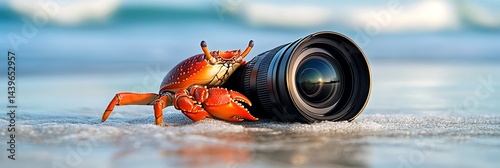 Crab hugs camera on a sandy beach. Ocean waves are in the background. Used for nature photography