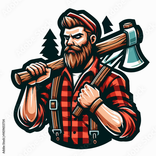 Stylized illustration of a lumberjack carrying an axe, showcasing a powerful and confident figure.