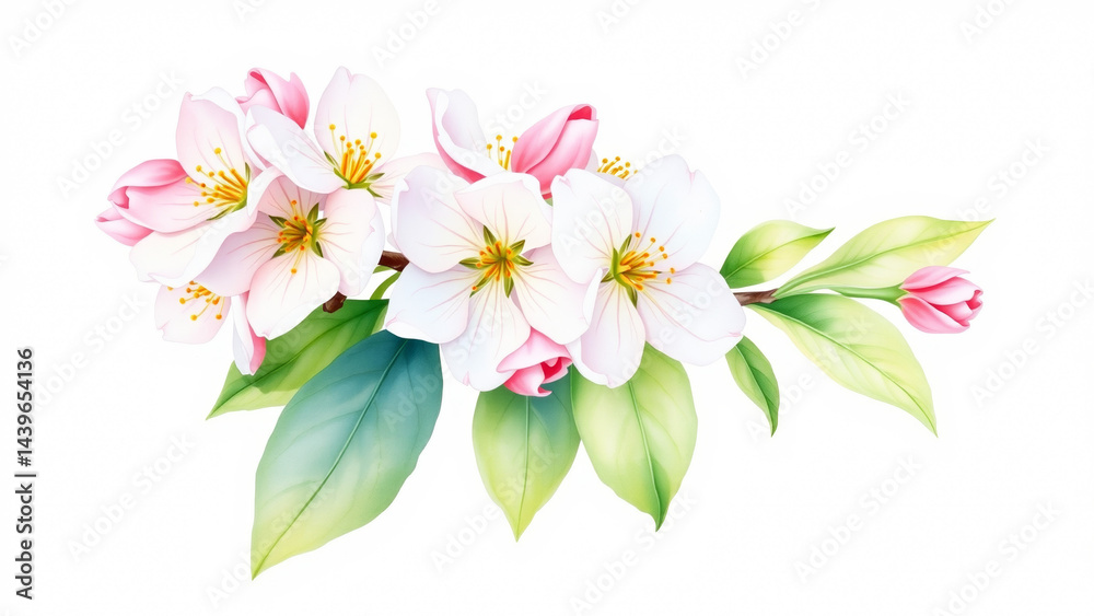 A branch of a blossoming apple tree is painted with watercolors on a white background A branch of a blossoming apple tree is painted with watercolors on a white background