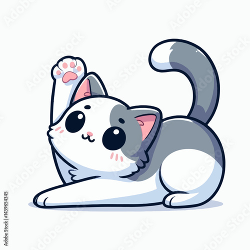 Cartoon depiction of a white and gray cat lying down, its paw raised in a playful gesture.