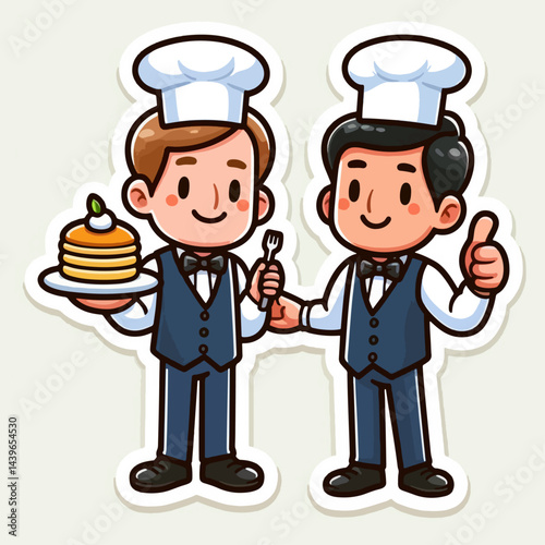 Cartoon illustration of two waiters presenting breakfast dishes.  They are smiling and ready to serve customers.