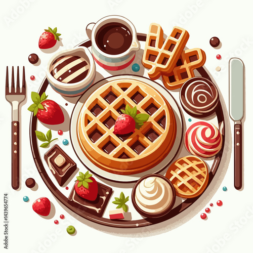 Top-down view of a platter filled with waffles, chocolate, strawberries, whipped cream, and coffee, showcasing a sweet and colorful breakfast or dessert.